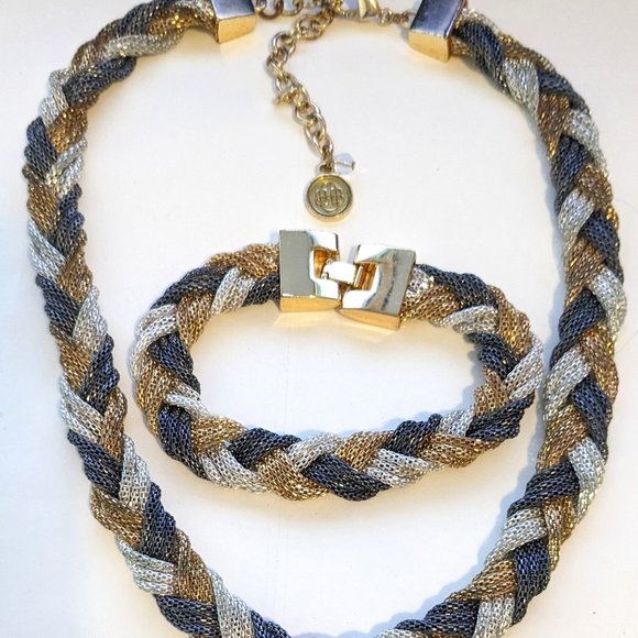 DANA BUCHMAN Gold, Grey & Silver Braided Twist Gold Tone Necklace/Bracelet Set - Picture 1 of 4